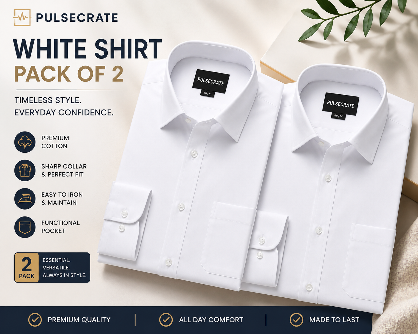 Premium White Cotton Shirt Pack of 2